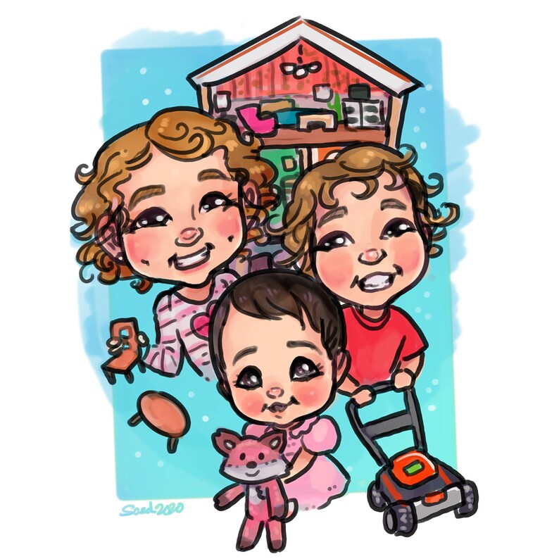 May include: A cartoon illustration of three children playing. The children are a girl with brown hair, a girl with blonde hair, and a boy with brown hair. The girl with brown hair is wearing a pink shirt and a pink skirt. The girl with blonde hair is wearing a red shirt. The boy is wearing a blue shirt and blue pants. The children are playing with a toy lawnmower and a toy chair.