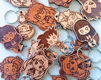 Custom Chibi Anime Keychains – Laser Engraved Wood | Kawaii Gift | Made to Order Art