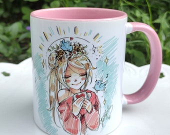 Happiness in a Cup Ceramic Mug - Morning Coffee Girl Art