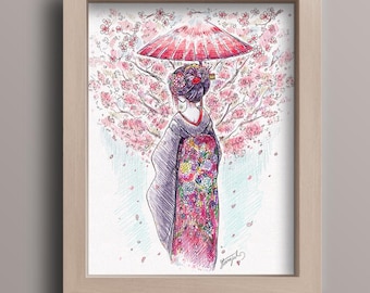Maiko Japanese Sketch Art Print –  Geisha Girl with Cherry Blossoms