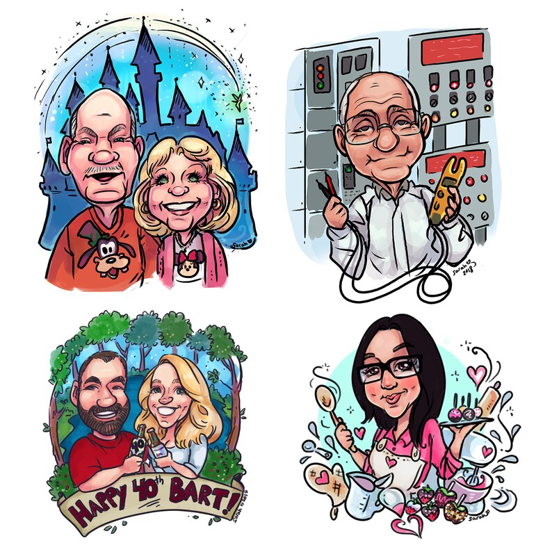 May include: Four cartoon illustrations of couples. The first couple is in front of a cartoon image of the Disney castle. The second couple is in front of a cartoon image of an electrical panel. The third couple is in front of a cartoon image of a forest. The fourth couple is in front of a cartoon image of a kitchen with baking supplies.