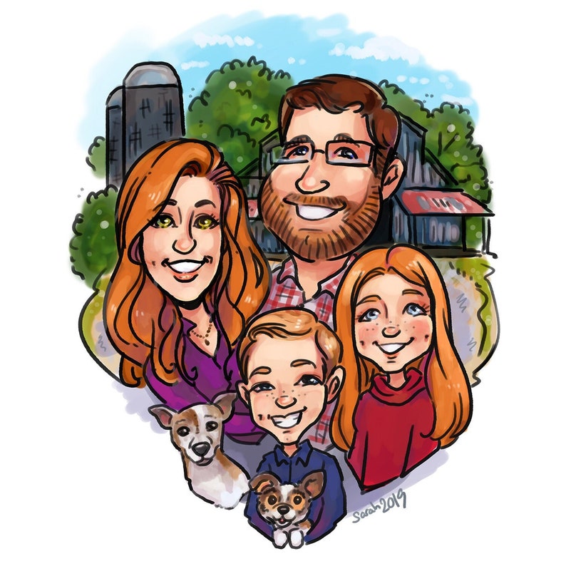 May include: A cartoon illustration of a family of four with two dogs. The family is standing in front of a farm with a barn and silos. The parents are wearing plaid shirts and the children are wearing casual clothing. The dogs are a brown and white chihuahua and a black and white chihuahua.