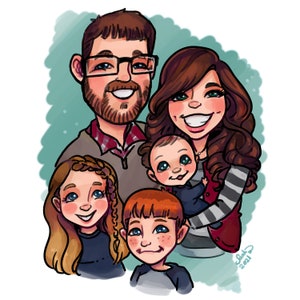 May include: A cartoon illustration of a family of five. The parents are standing in the center, with the mother holding a baby in her arms. The two older children are standing on either side of the parents. The family is smiling and appears to be happy.