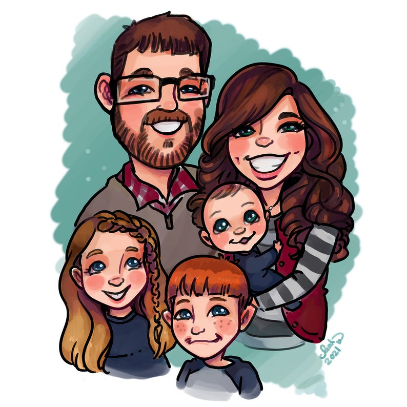 May include: A cartoon illustration of a family of five. The parents are standing in the center, with the mother holding a baby in her arms. The two older children are standing on either side of the parents. The family is smiling and appears to be happy.