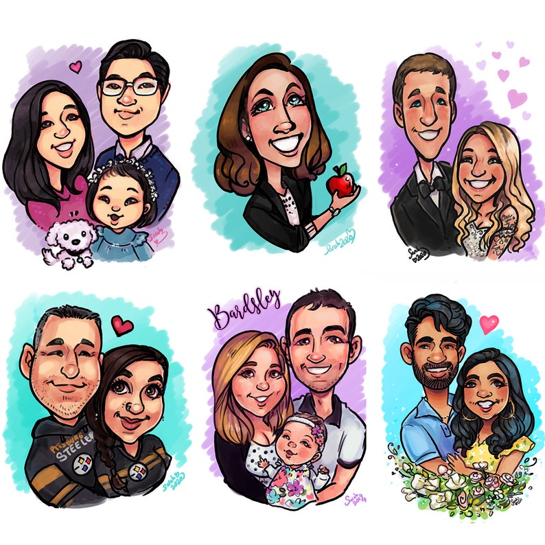 May include: A digital illustration of nine cartoon portraits of couples and families. The portraits are drawn in a colorful, whimsical style with a variety of backgrounds and poses.
