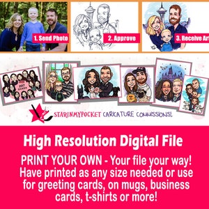 May include: A digital illustration service advertises high-resolution digital files for custom caricatures. The ad shows examples of caricatures of families, couples, and individuals. The text reads "High Resolution Digital File, PRINT YOUR OWN - Your file your way! Have printed as any size needed or use for greeting cards, on mugs, business cards, t-shirts or more!"