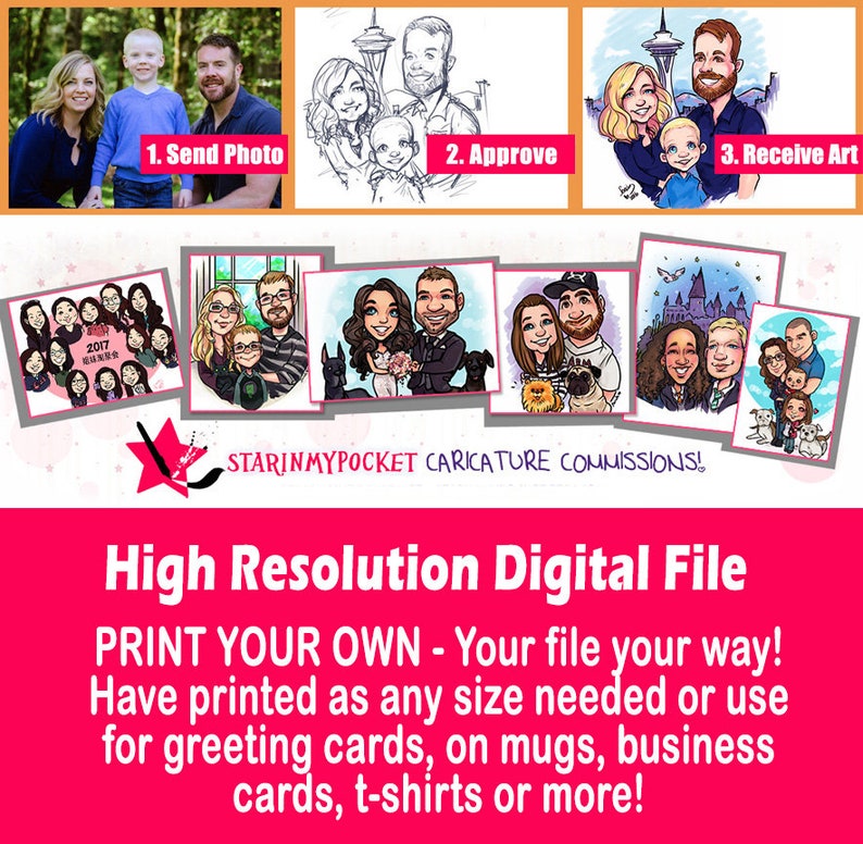May include: A digital illustration service advertises high-resolution digital files for custom caricatures. The ad shows examples of caricatures of families, couples, and individuals. The text reads "High Resolution Digital File, PRINT YOUR OWN - Your file your way! Have printed as any size needed or use for greeting cards, on mugs, business cards, t-shirts or more!"