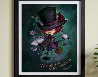 Mad Hatter Tea Party Art Print: Anime Chibi Illustration (8x10)