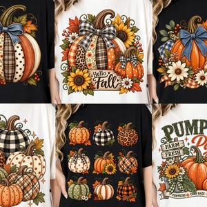 Könnte beinhalten: Eine Kollektion von sechs T-Shirts mit verschiedenen grafischen Designs von Kürbissen, Sonnenblumen und Herbstblättern. Die Drucke enthalten Muster wie Schottenkaro, Leopardenmuster und Punkte sowie Texte wie Hello Fall, Fall Sweater Weather und Pumpkin Patch.