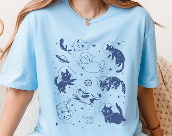 宇宙猫シャツ、宇宙飛行士猫シャツ、面白い猫シャツ、宇宙猫Tシャツ、レトロビンテージ猫シャツ、猫好きへのギフト、面白い猫ママTシャツ