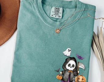 Comfort Colors®ゴーストハロウィンシャツ、レディースハロウィンスウェットシャツ、ハロウィンパーティーシャツ、秋用長袖、ハロウィンギフト、ハロウィンコスチューム