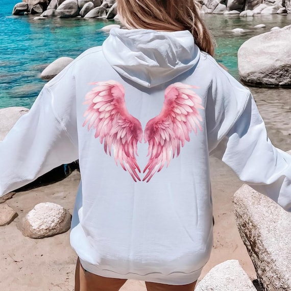 Pink Angel Wings Hoodie, Watercolor Back Print, Y2K Streetwear 