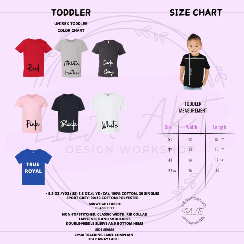 May include: A color chart for toddler unisex t-shirts. Colors include red, athletic heather, dark gray, pink, black, white, and true royal. A size chart shows measurements in inches for sizes 2T to 5T 1/2. The shirts are made of cotton and polyester.
