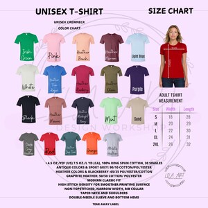 May include: Unisex crewneck t-shirt color chart with various colors, including green, pink, and red. The size chart shows measurements in inches. The shirt is made of ring-spun cotton and polyester.