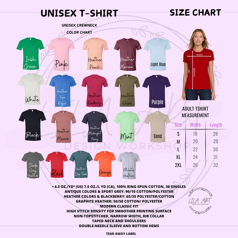 May include: Unisex crewneck t-shirt color chart with various colors, including green, pink, and red. The size chart shows measurements in inches. The shirt is made of ring-spun cotton and polyester.