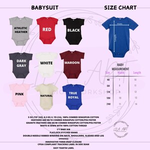 May include: A product image showcasing a variety of baby bodysuits in different colors, including red, black, and pink. The image also features a size chart with measurements in inches and a description of the fabric composition.
