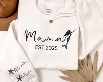 Personalized Mama Mermaid Sweatshirt, Kids Names on Sleeve