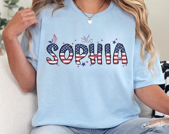 Custom Name American Flag Shirt,Personalized USA Flag Lettering Tee,Patriotic Gift for Women,4th of July Custom Name T-shirt,USA Pride