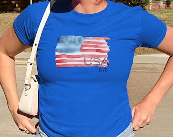 水彩画風アメリカ国旗ベビーTシャツ、建国250周年記念シャツ、アメリカ建国1776年愛国Tシャツ、独立記念日シャツ