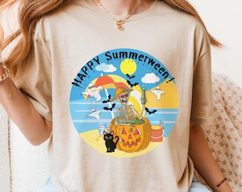 Happy Summerween Shirt, Halloween Beach Shirt, Skeleton Pumpkin Tee, Summer Halloween Shirt, Funny Vacation Shirt, Spooky Cute T-shirt