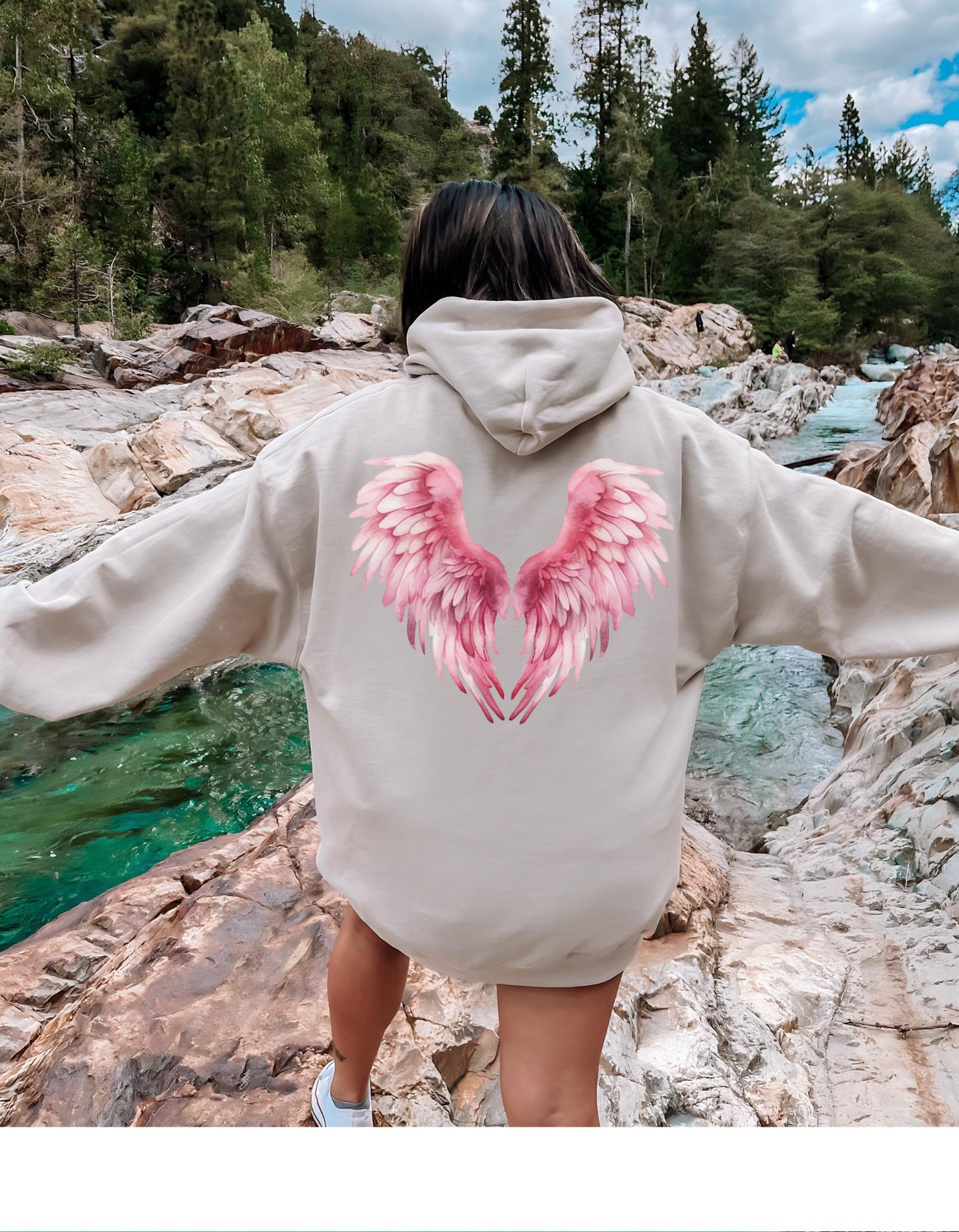 Pink Angel Wings Hoodie, Watercolor Back Print, Y2K Streetwear 