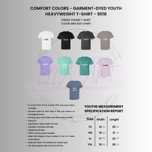 May include: A color chart for unisex youth heavyweight t-shirts. The chart displays various shirt colors, including white, black, gray, violet, and blue jean. The image also includes a size chart with measurements in inches.