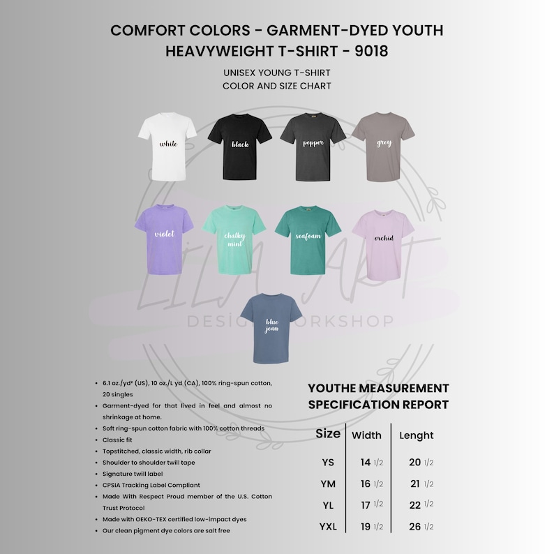 May include: A color chart for unisex youth heavyweight t-shirts. The chart displays various shirt colors, including white, black, gray, violet, and blue jean. The image also includes a size chart with measurements in inches.