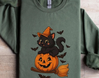 Vintage Black Cat On Pumpkin Sweatshirt, Retro 90s Halloween Shirt, Fall Crewneck Sweatshirt, Black Cat Sweater, Halloween Black Cat T-shirt
