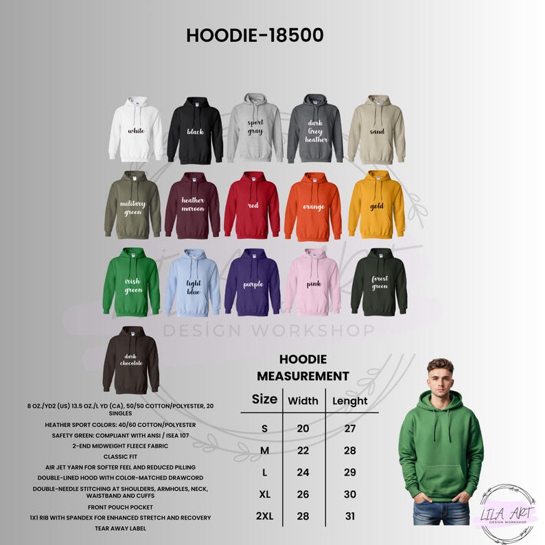 K&ouml;nnte beinhalten: Produktbild mit einer Auswahl an Hoodies in verschiedenen Farben, darunter Wei&szlig;, Schwarz und Grau. Der Text "HOODIE-18500" steht oben. Eine Gr&ouml;&szlig;entabelle mit Ma&szlig;en in Zoll ist ebenfalls enthalten. Eine Person tr&auml;gt einen gr&uuml;nen Hoodie.