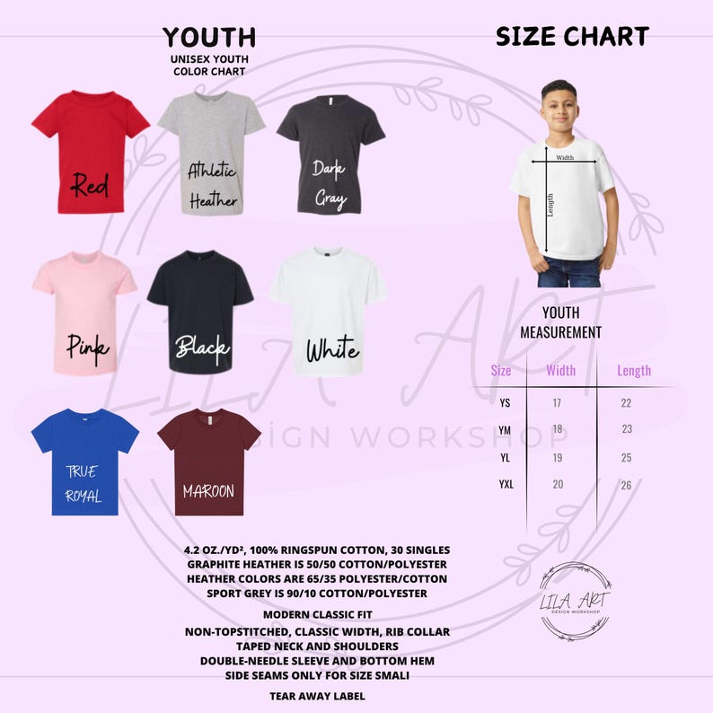 May include: A color chart for youth unisex t-shirts. Colors include red, pink, black, white, true royal, and maroon. The size chart shows measurements in inches for youth sizes YS, YM, YL, and YXL. The shirts are made of 100% ringspun cotton.