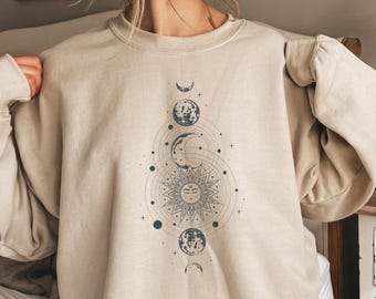 Mystic Moon And Sun Sweatshirt, Boho Celestial Moon Phase