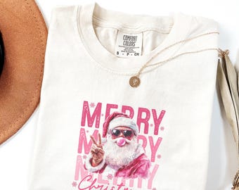 Comfort Colors® Merry Christmas Santa Shirt, Retro Santa Shirt, Christmas Shirt, Women's Holiday Shirts,Vintage Santa Christmas Gift for Her