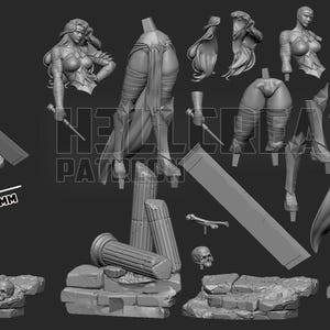 Peut inclure: Un kit de modèle réduit gris à l'échelle 1:10 représentant une guerrière avec une grande épée, des piliers brisés et des crânes. La figurine assemblée mesure 236 mm de haut, avec une base de 118 mm sur 168 mm. Le kit inclut des pièces séparées.