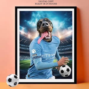 Retrato personalizado de cachorro do time do Manchester City, animal de estimação no pôster da camisa do jogador do Man City, impressão de quarto de esportes, cartão de futebol para impressão