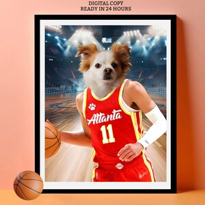 May include: A digital illustration of a dog wearing a red and yellow basketball jersey with the word "Atlanta" and the number "11" on the front. The dog is dribbling a basketball on a basketball court.