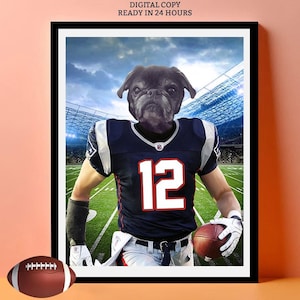 Personalized US Football Dog Portrait, Digital Pet in New England American Football Teams Jersey Poster, Decor for Man Cave, Game Day Decor