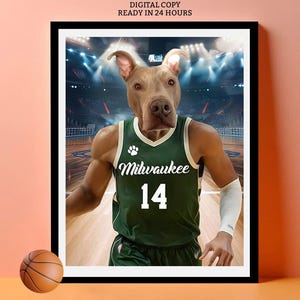 Retrato de gato personalizado de la NBA con camiseta del equipo de baloncesto de Milwaukee, retrato de jugador de baloncesto personalizado, regalo divertido de baloncesto, regalos para dueños de mascotas