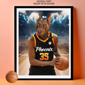 Any Custom NBA Basketball Team Pet Poster, Dog in Phoenix Team Basketball Jersey, Personalized Dog Art, Pet Illustration Wall Decor