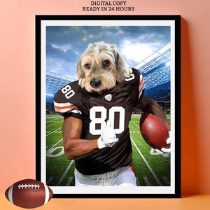 Custom Dog in US Football Jersey Portrait, Cleveland American Football Player Pet Poster, Brown Orange Football Decor, Helmet Inspired Art