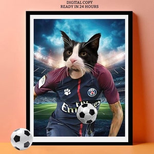 Retrato de mascota con camiseta de fútbol del Paris Saint-Germain, impresión artística de cualquier equipo de fútbol de Francia, tarjetas de fútbol personalizadas, regalo para el esposo