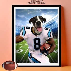 American Football Haustierporträt, digitaler Hund in Carolina US Football Mannschaft Jersey-Poster, Männerhöhlen-Wandkunst, Spieltagdekor