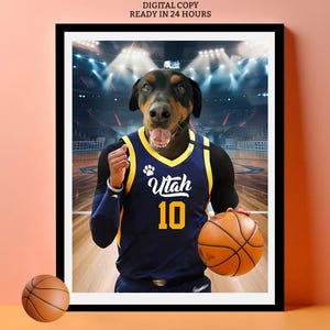 Retrato personalizado del equipo de la NBA a partir de una foto, póster de perro con la camiseta del equipo de baloncesto de Utah, regalo personalizado para fanáticos del baloncesto, regalo artístico para mascotas estilo NBA