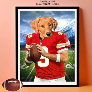 Custom American Football Teams Pet Portrait, Cat in Kansas City Player US Football Jersey Poster, Football Lover Room Decor, Pet Lover Gift