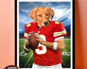 Custom American Football Teams Pet Portrait, Cat in Kansas City Player US Football Jersey Poster, Football Lover Room Decor, Pet Lover Gift