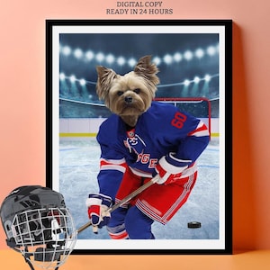 Portret psa drużyny hokejowej New York Ice Hockey, plakat dla zwierząt NYR Hockey, prezent dla trenera hokeja, pies w koszulce sportowej, sztuka ścienna do pokoju miłośnika hokeja
