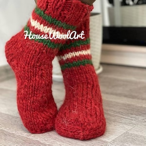 Jul Röda Handstickade Ullesockor Ekologisk Ull Extra Tjocka Jul