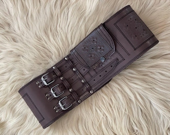 Handmade Brown Leather Corset Belt: Viking Style Waist Trainer
