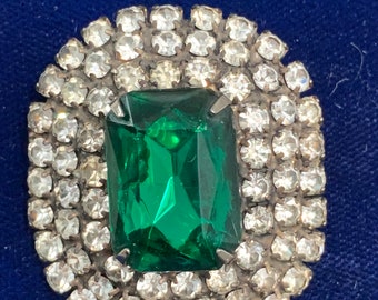 Antique Sterling Paste Simulated Emerald Diamond Brooch