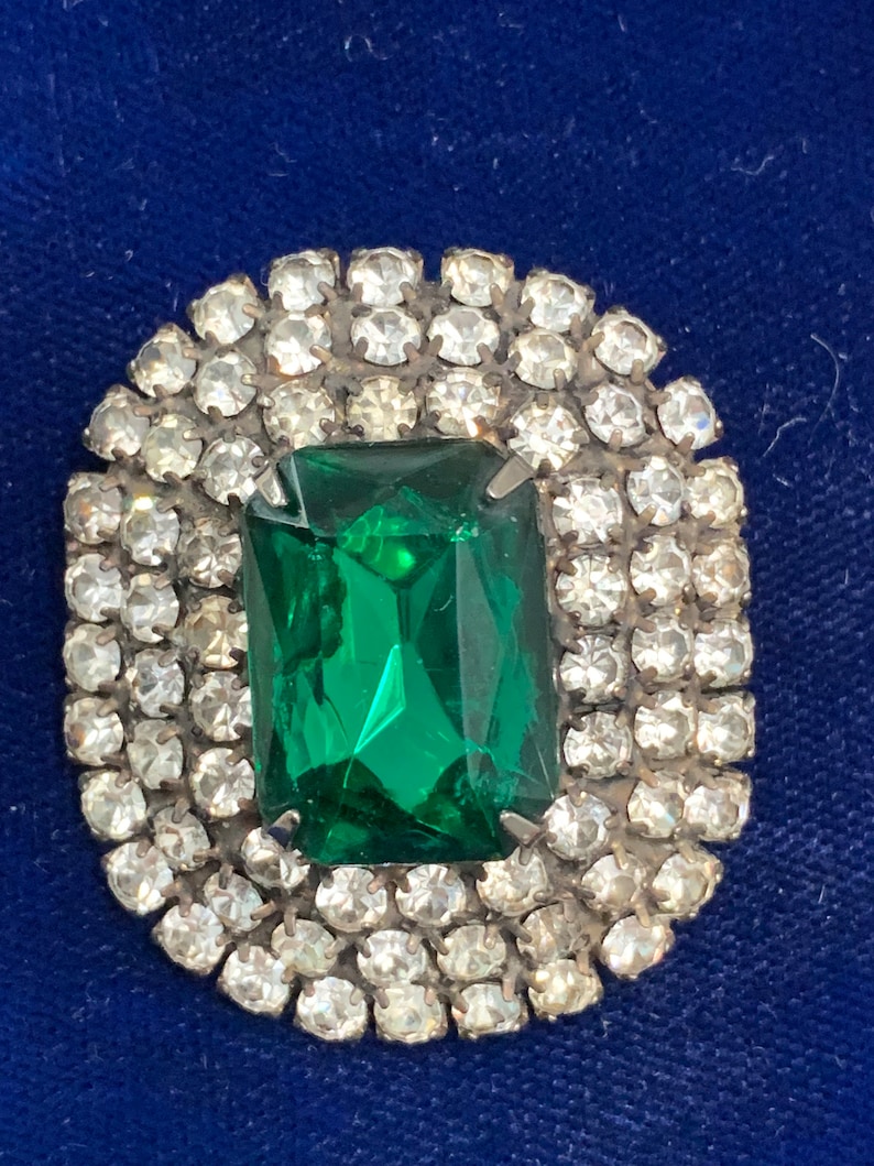 Antique Sterling Paste Simulated Emerald Diamond Brooch image 1