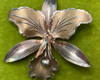 Vintage Rose Gold Vermeil Orchid Flower Brooch